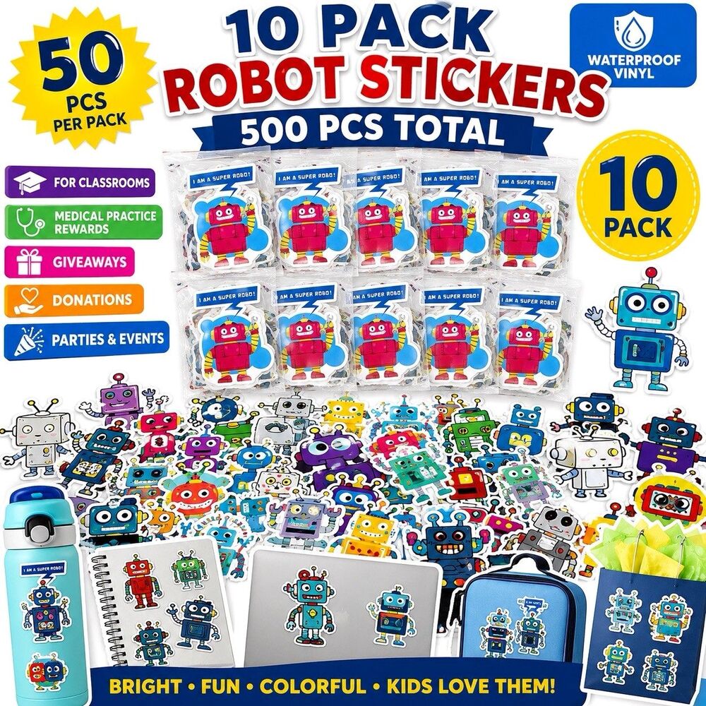 Bulk Robot Stickers 10 Pack 500 Waterproof Vinyl Decals Kids Reward Giveaway
